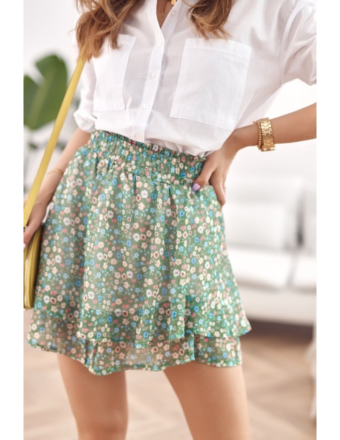 Chiffon mini skirt with flowers, green MP803720 - Online store - Boutique